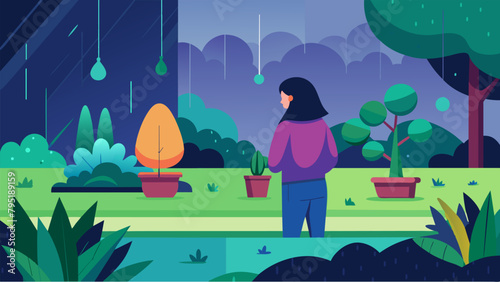 A gentle rain falls on a peaceful garden where a beginner gardener takes a moment to appreciate the beauty and tranquility of their new outdoor
