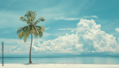 A palm tree is in the foreground of a blue sky with clouds © yurakrasil