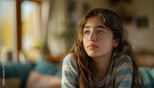 A woman in shirt is sitting on a couch with her head tilted