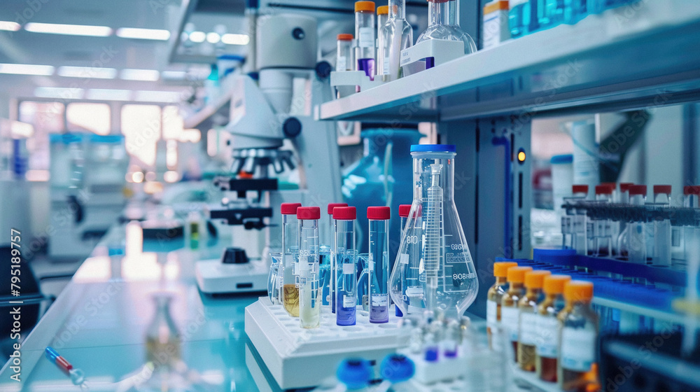 A laboratory with many glass beakers and bottles on a table A laboratory with many glass beakers and bottles on a table