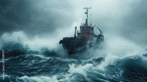 a tugboat in sea storm trying to escape a typhoon