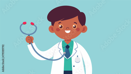 A child dressed as a doctor complete with a toy stethoscope and white coat shares their admiration for their hero a medical professional who