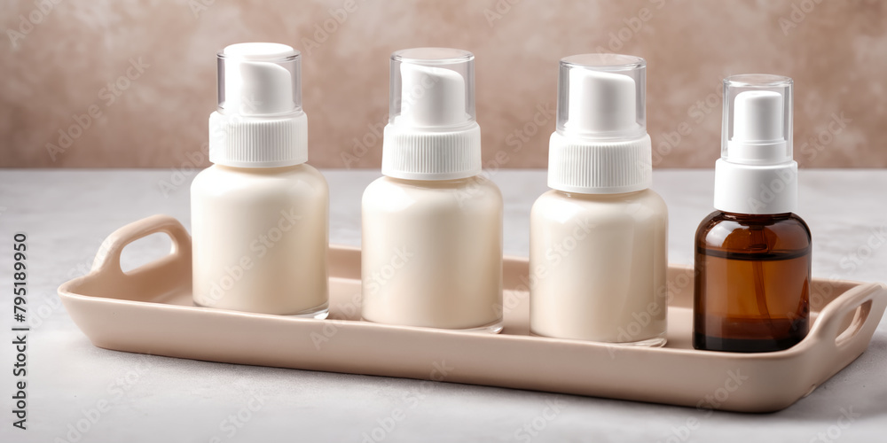 Cosmetics packaging. Set of different cosmetic bottles of cream or serum on a ceramic tray. Blank packaging. Natural beauty spa product concept Cosmetics packaging. Set of different cosmetic bottles of cream or serum on a ceramic tray. Blank packaging. Natural beauty spa product concept