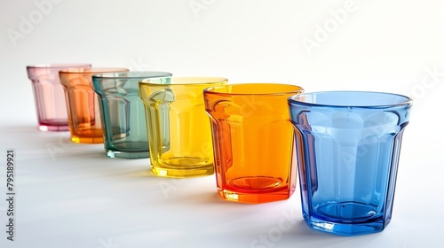Different collors glass cups on white background photo