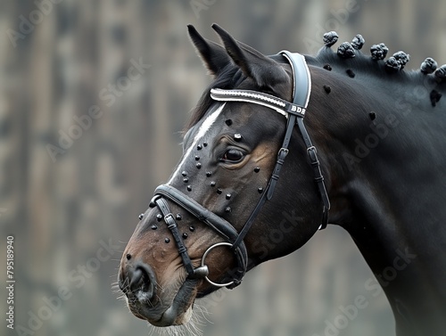 A horse with a black bridle and a white stripe on its face