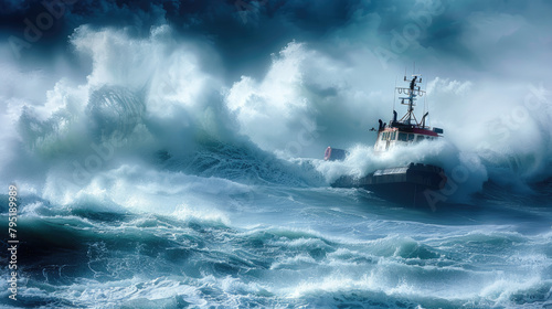 a tugboat in sea storm trying to escape a typhoon © Sattawat
