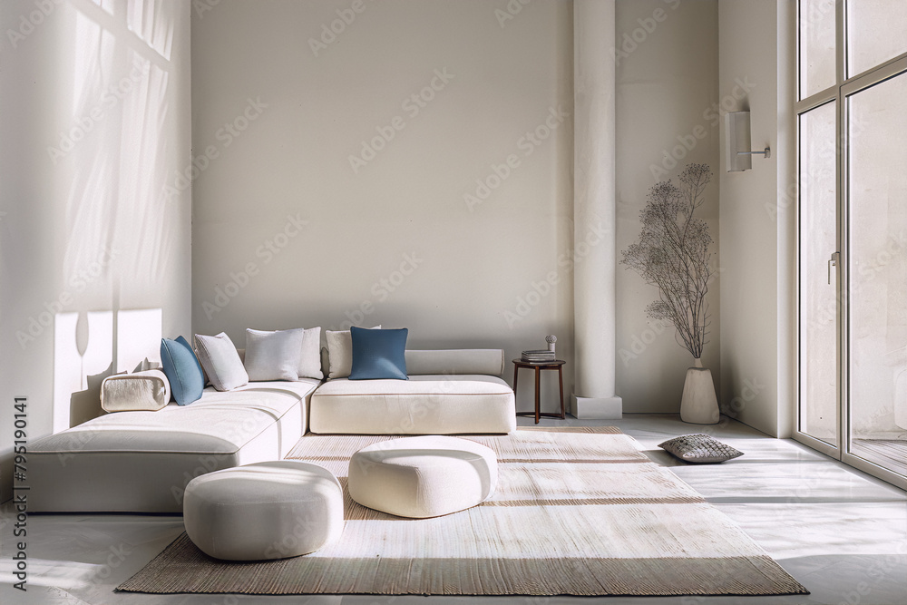 beige sectional sofa and matching ottomans in a sunlit living room with a jute rug, plants, and a large window beige sectional sofa and matching ottomans in a sunlit living room with a jute rug, plants, and a large window