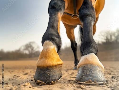 The front legs of a horse with a brown and black coat. The hooves are visible, and the horse appears to be standing on a sandy surface