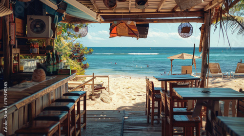 A beachfront restaurant with tables and chairs outside photo
