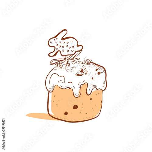 Drawn holiday cupcake with decoration in the form of a rabbit. Baking, kulichi, easter, food, sweets, doodle, spots.