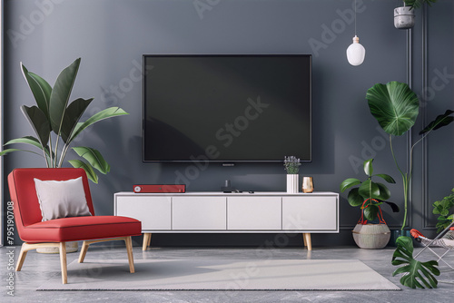 A dark-themed living room interior with a red armchair, plants, and a television. photo