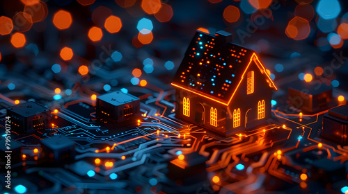  digital house on a complex circuit board symbolizing smart home technology
 photo
