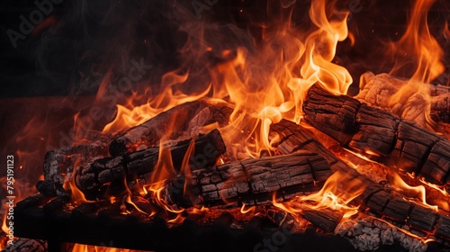 Charcoal For Barbecue Background With Flames.