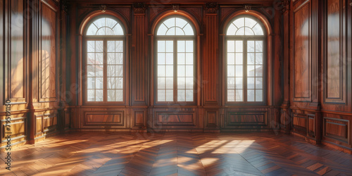  empty room with dark wood paneling and window, Luxury wood paneling background or texture. highly crafted classic or traditional wood paneling, with a frame pattern © Planetz