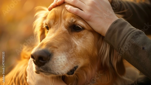 A tender moment of affection as a person caresses their golden retriever, bathed in the soft glow of sunset.