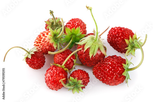 Berry wild strawberry with green leaves handful fresh strawberries healthy food, isolated on white background. © Yasonya