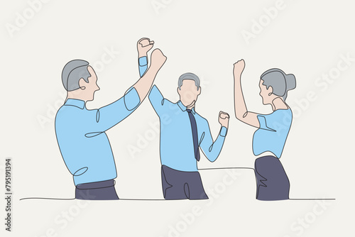 The successful team is celebrating by raising their hands. Colored. Team celebrating success concept one-line drawing