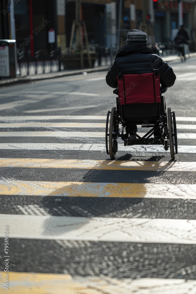 Obraz premium Person in a wheelchair crossing the road, copy space. Safe road traffic for people with disabilities.