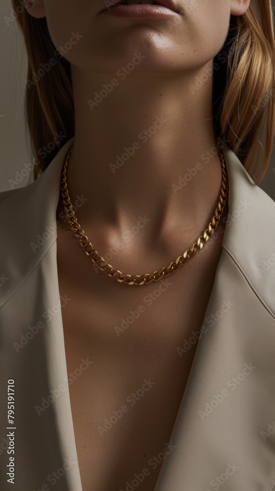 Elegant Gold Necklace on Woman in White