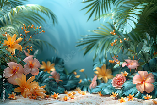 Tropical Paradise Floral Arrangement.Summer 3D background.