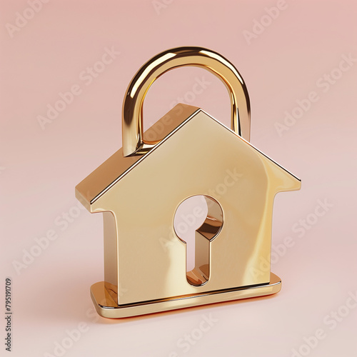 3D render of lock shaped like a house, apartment renting home security