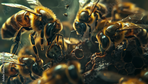 A group of bees are gathered around a piece of food