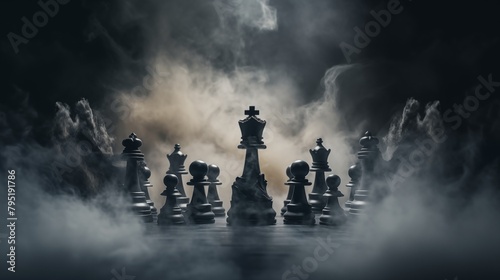 Chess figures on a dark background with smoke and fog. Epic chess game illustration. Chess game concept. Chess pieces on a chessboard, blurred background.