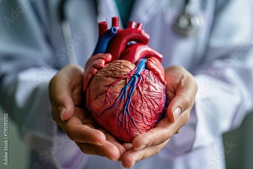Close-up of a doctor holding a model of a heart in his hands