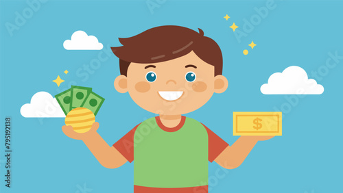 A child with a newfound sense of accomplishment having earned their first responsibility allowance through helping with household chores and now