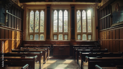 A large room with three windows and wooden pews