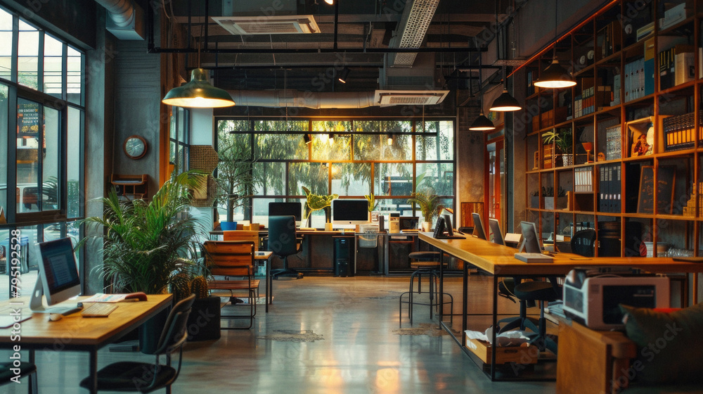 A large open office space with a lot of natural light and plants