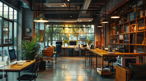 A large open office space with a lot of natural light and plants