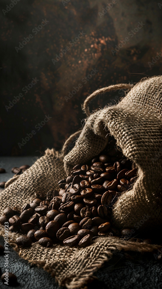 Coffee beans cascading out of a burlap sack Coffee beans cascading out of a burlap sack