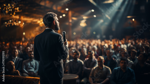 a man with a microphone gives a lecture on self-development and personal growth