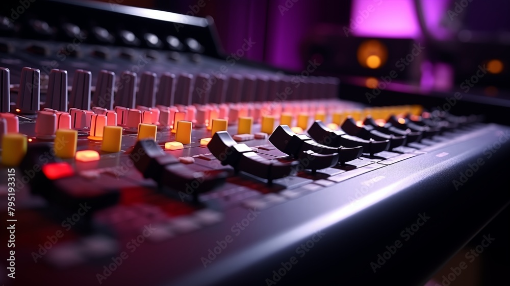Close-up of an illuminated mixing board with vibrant knobs and faders, essential for music production and sound engineering. Close-up of an illuminated mixing board with vibrant knobs and faders, essential for music production and sound engineering.