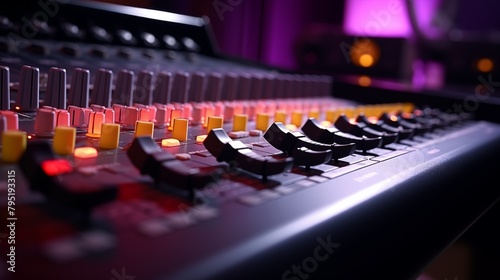 Close-up of an illuminated mixing board with vibrant knobs and faders, essential for music production and sound engineering.