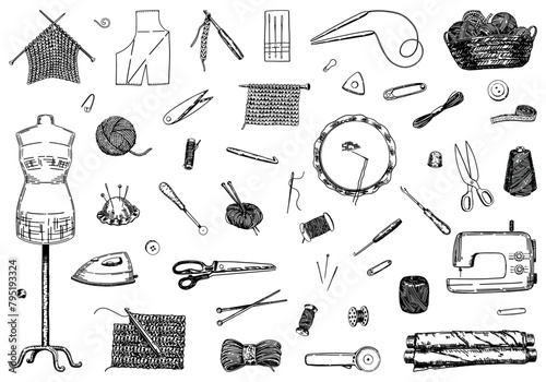 Sketch set of handicraft equipment, needlecraft hobby. Doodles of tailor tools, crochet, knitting, thread, needle, scissors. Outline vector illustrations collection.