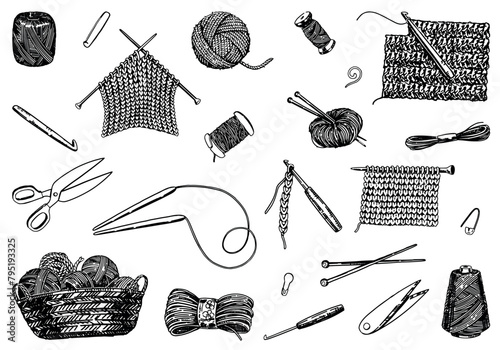 Sketch set of knitting needles, crochet hook, yarn, stitch marker, handicraft tools. Hobby, knitwork doodle. Outline vector illustrations collection.