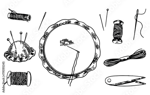 Sketch of embroidery hoop, spools of threads, needles, pincushion, tools for sewing work. Needlecraft doodle set. Outline vector illustrations collection. photo