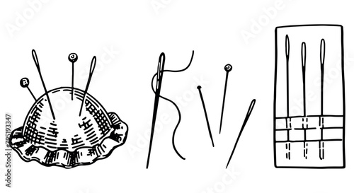 Sketch of needles, pincushion, pins. Needlecraft doodle, set of tools for sewing work. Outline vector illustrations collection. photo