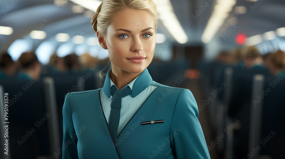 Beautiful woman stewardess in the plane, view in front of rows of seats Beautiful woman stewardess in the plane, view in front of rows of seats