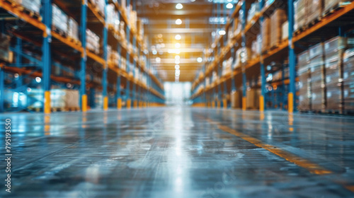 A warehouse with a lot of boxes and a yellow line on the floor