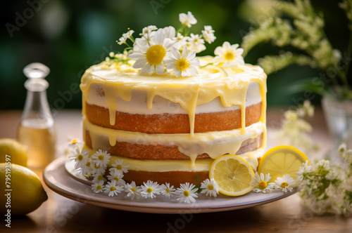 Lemon and  chamomile cake decorated with fresh flowers and lemon slice on a plate. Horizontal, closeup, side view.