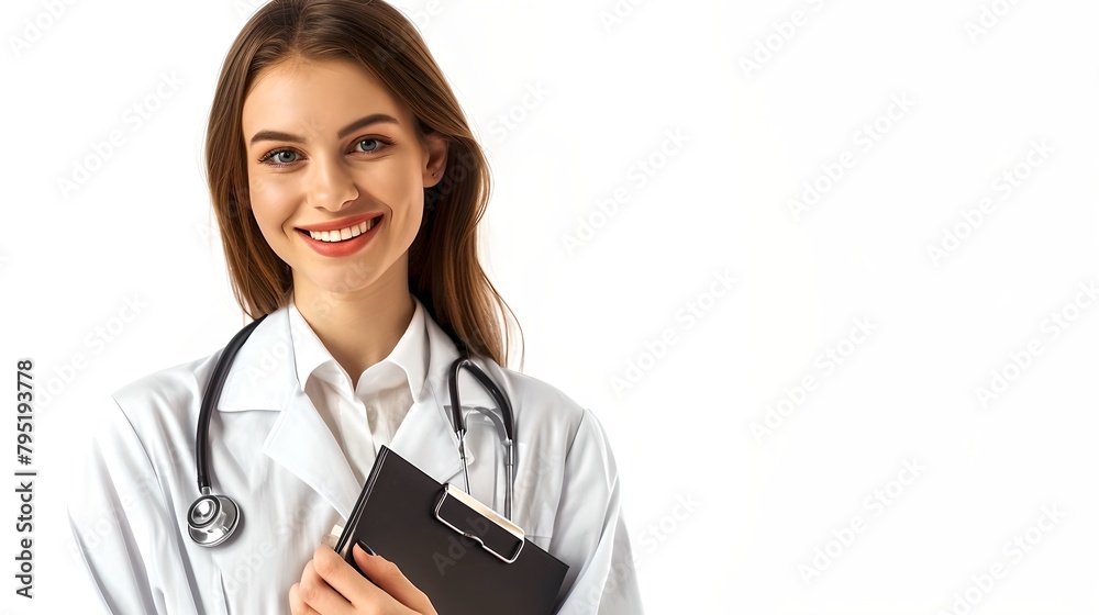 Confident female doctor standing with stethoscope and clipboard. Professional healthcare worker in white coat. Friendly medical expert ready to help. AI Confident female doctor standing with stethoscope and clipboard. Professional healthcare worker in white coat. Friendly medical expert ready to help. AI