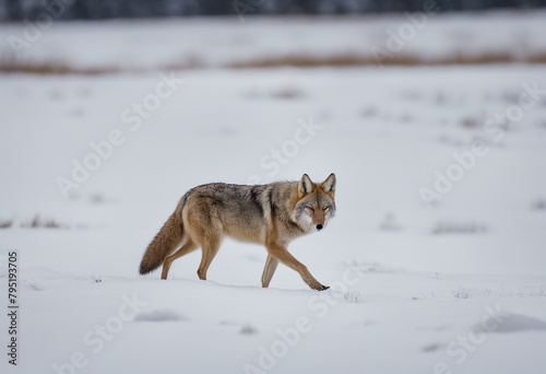 A lone coyote (Canis latrans) walking over the snow-covered landscape looking for food making tracks