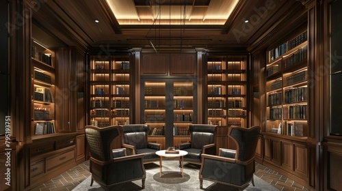 Elegant Art Deco style library with luxurious wooden bookcases and cozy leather chairs