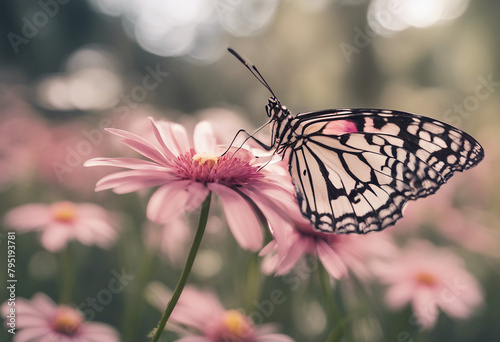 A rice paper butterfly Idea leocone pollinating pink daisies ; Westford Massachusetts 8k photo