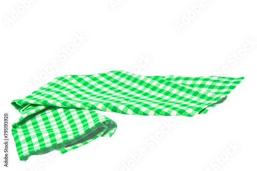 Closeup of a green and white checkered napkin or tablecloth texture isolated on white background. Clipping path. Kitchen accessories. Top view.