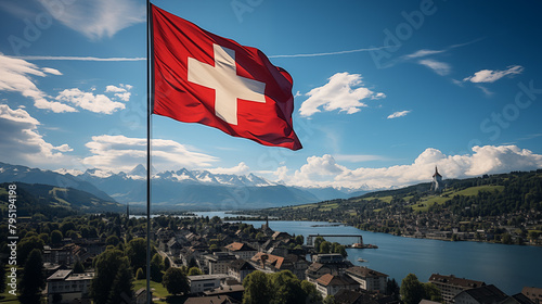 Flag of a Switzerland on a blue sky background