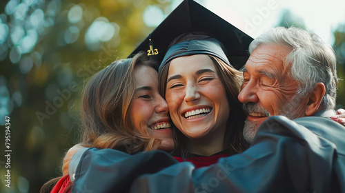 Happy young caucasian woman with her father and mother on graduation day. Smiling female student in graduation gown and cap hugging her parents after the graduation ceremony